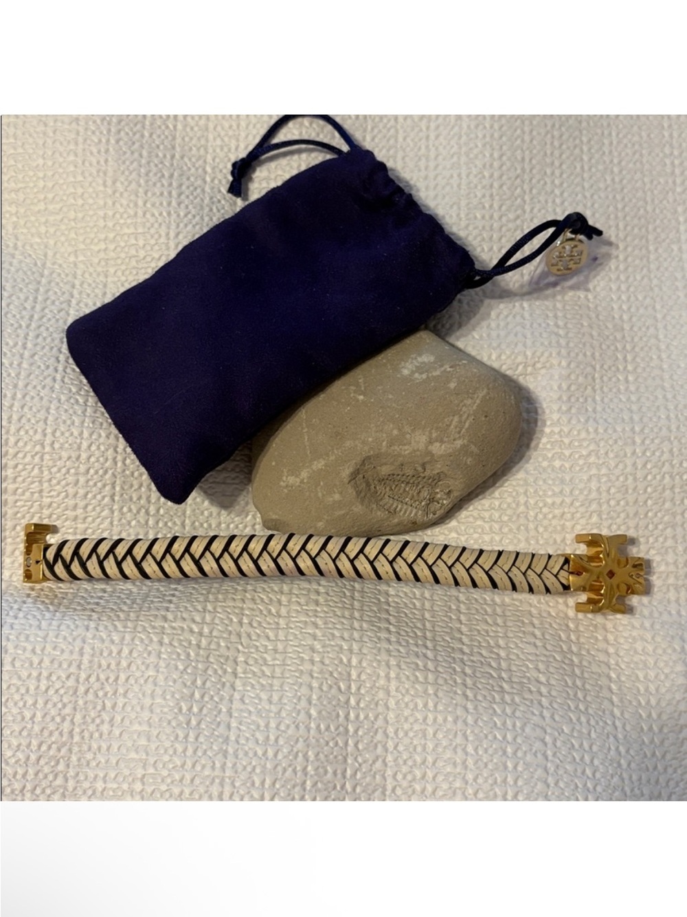 Tory Burch Cream & Black Braided Leather Bracelet with Gold Logo - Picture 3 of 5